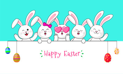 Cute cartoon white rabbits with Easter eggs. Happy Easter day concept.  Cartoon character design, vector illustration.
