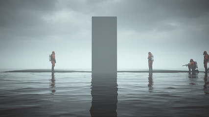 Mysterious Black Obelisk Floating on Black Sand Surrounded by Water and men in Hazmat Suits 3d illustration 3d render  