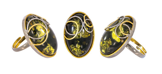 Amber jewelry ring. Baltic amber. Isolated image.