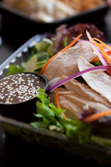 A closeup view of an Asian chicken salad, with a sesame dressing, in a restaurant or kitchen setting.