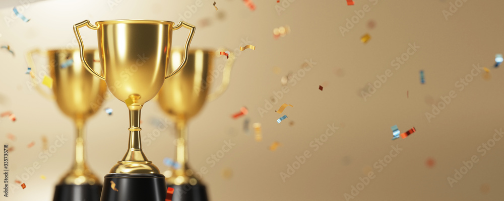 Sticker golden trophy award with falling confetti on gold background. copy space for text. 3d rendering.