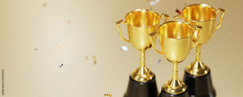 Canvas Prints golden trophy award with falling confetti on gold background. copy space for text. 3d rendering.