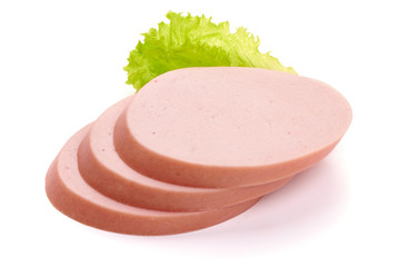 Fresh boiled pork sausage slices, isolated on white background