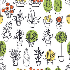 Hand drawn house plants. Vector seamless pattern.
