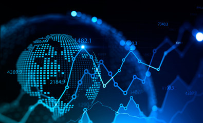 Financial graph and planet hologram background