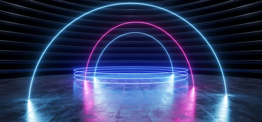 Stage Podium Neon Oval Circle  Room Hall Glowing Blue Purple ALien Sci Fi Futuristic Concrete Reflective Warehouse Garage Empty Background Showroom 3D Rendering