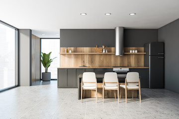 Gray and wooden kitchen with bar