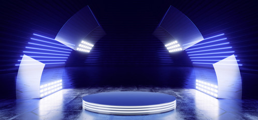 Stage Podium Neon Glowing Blue ALien Sci Fi Futuristic Concrete Reflecctive Warehouse Garage Empty Background Showroom 3D Rendering