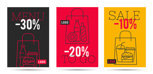 Naklejka premium Flyer for takeaway or food delivery service with line illustration of fast food combo menues in the shopping bag with discount per cent