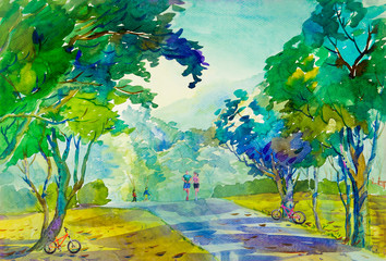 Naklejka na ściany i meble Watercolor landscape painting of morning workout jogging and bike.