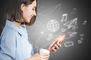 Smiling girl with coffee, social media sketch