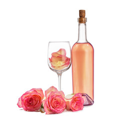 Glass and bottle of wine with rose flowers on white background