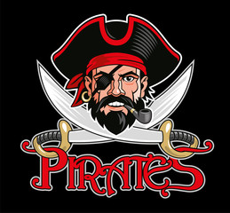 Pirate captain head and two swords mascot, logo template. Vector illustration.