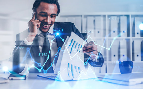 African trader reading report, digital graph - Powered by Adobe