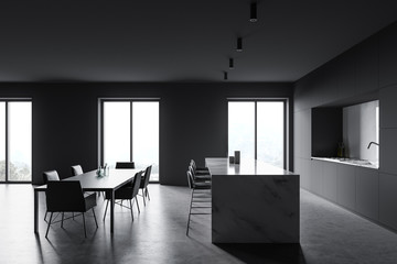 Gray and white kitchen, bar and table, side view