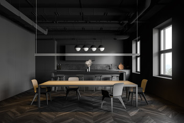 Dark gray kitchen interior, bar and table