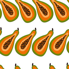 Seamless pattern with papaya. Ripe, orange and green papaya fruit. Summer background. Wallpaper, print, packaging, paper, textile design. flat Vector illustration.