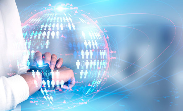 Woman with smartwatch, social network interface