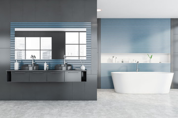 Gray and blue bathroom with tub and sink