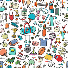 Healthy Lifestyle Background. Sport and activity. Fintess design elements. Seamless Pattern