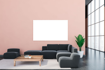 Pink living room interior with sofa and poster