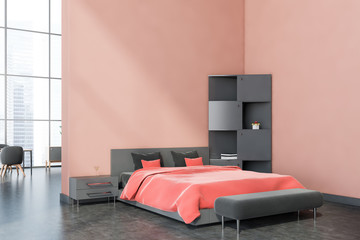Pink master bedroom corner with bookcase