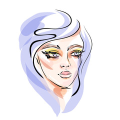 Hand-drawn young beautiful girl with makeup and unusual violet hair. Fashion illustration of a stylish look. Vector for design t-shirts typography cards and posters.