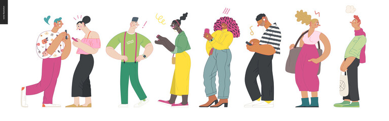 Waiting in line - modern flat vector concept illustration of a young men a women standing in line with smartphones, talking to each other. Multicultural, multilingual people, diversity concept