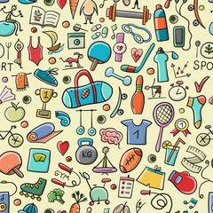 Healthy Lifestyle Background. Sport and activity. Fintess design elements. Seamless Pattern