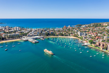 Aerial view on famous Manly Wharf and Manly, Sydney, Australia.