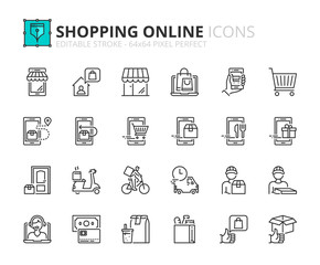 Simple set of outline icons about shopping online and delivery.