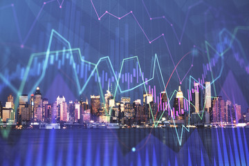 Financial graph on night city scape with tall buildings background double exposure. Analysis concept.