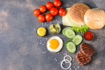 Ingredients for tasty burger on dark background