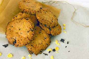 Round homemade cookies with chocolate on the table close-up. Delicious homemade cakes with chocolate chips and cornflakes