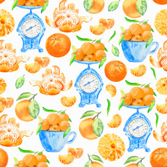 Watercolor seamless pattern with oranges tangerines citrus fruits green. Fruit repeated background. Hand drawn illustration for fabric textile