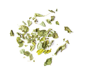 dry moringa leaves on white background