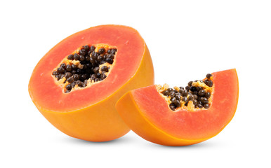 ripe papaya fruit with seeds  on white background