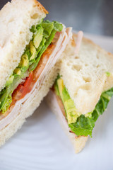 A closeup view of an avocado turkey sandwich, in a restaurant or kitchen setting.