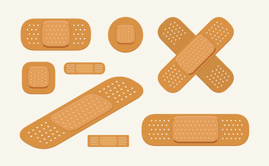 Medical Bandage Band Aid Plaster Patch Sticker Protection. Different Shapes Circle Cross Isometric. Flat Vector Line Icon Set.