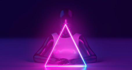 3D rendering. A mannequin girl of dark glossy material, dressed in bright glossy clothes, behind a luminous neon triangle, on a flat surface. On a dark blue background.