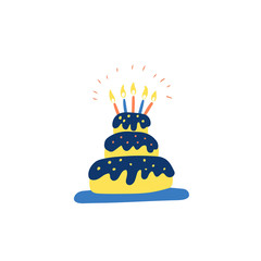 Vector hand drawn illustration of colorful birthday cake with shining candles. Isolated on white background.