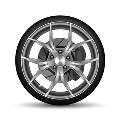 Obraz premium Realistic car wheel alloy black tire with disk brake on white background vector illustration.