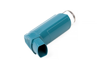 Simple blue asthma inhaler medicine, object isolated on white, cut out. Asthmatic issues, health care, cough medicine, lung diseases, allergies, and shortness of breath symptoms abstract concept