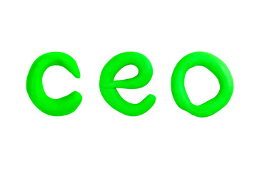 Green CEO, chief executive officer, managing director text, letters made of plasticine, modeling clay vibrant font isolated on white. Simple project director friendly sign, symbol abstract concept