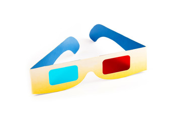 Simple blue red light filters 3d anaglyph paper glasses isolated on white. Stereoscopic 3d image...
