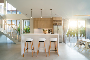 Interior design of pool villa, house, home, condo and apartment feature round stool, kitchen...