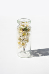 glass bottle with flowers on a white background