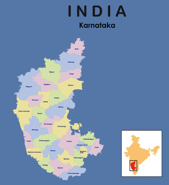 Karnataka full map. vector illustration of colourful district map of karnataka