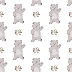 Hand drawn seamless pattern happy bear with flowers on white. Vector illustration in doodle style.