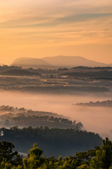 Early morning landscape of cloud and foggy mountain valley in Da Lat, Lam Dong, Vietnam